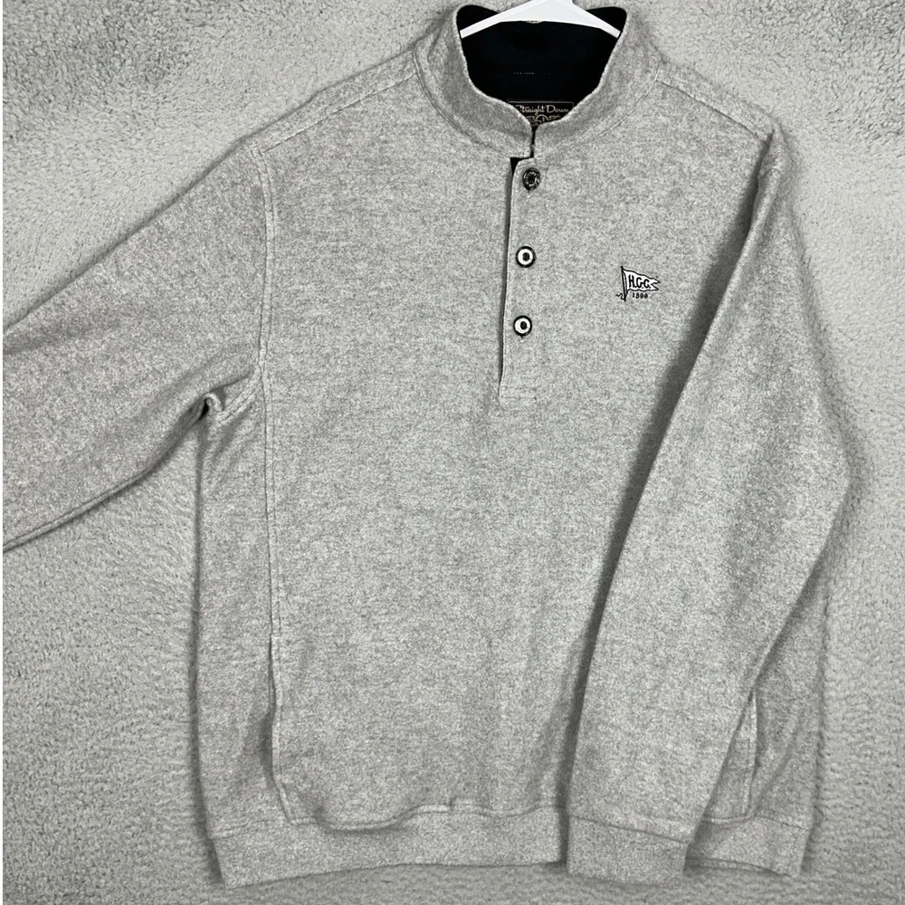 Straight Down Sweater Mens Large Grey Henley Knit Pullover Mock Neck Made In USA